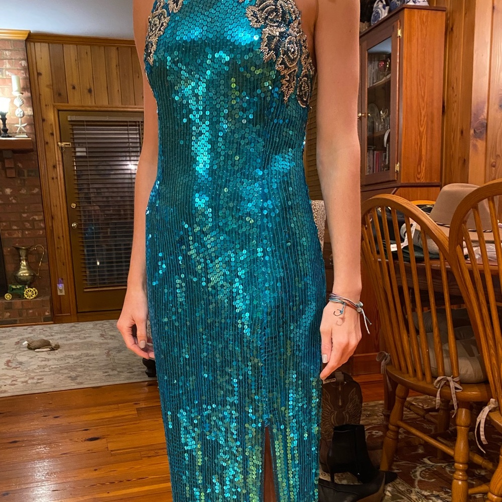 teal sequin formal dress